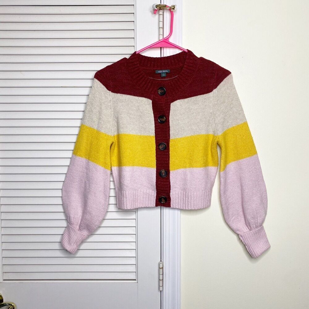 Wild fable Women Cardigan Crop Sweater Balloon Sleeve Red Yellow Pink Small